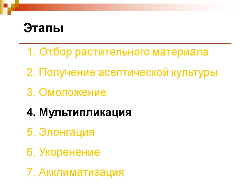 Этапы  1. Отбор растительного материала  2. Получение асептической культуры  3. Омоложение